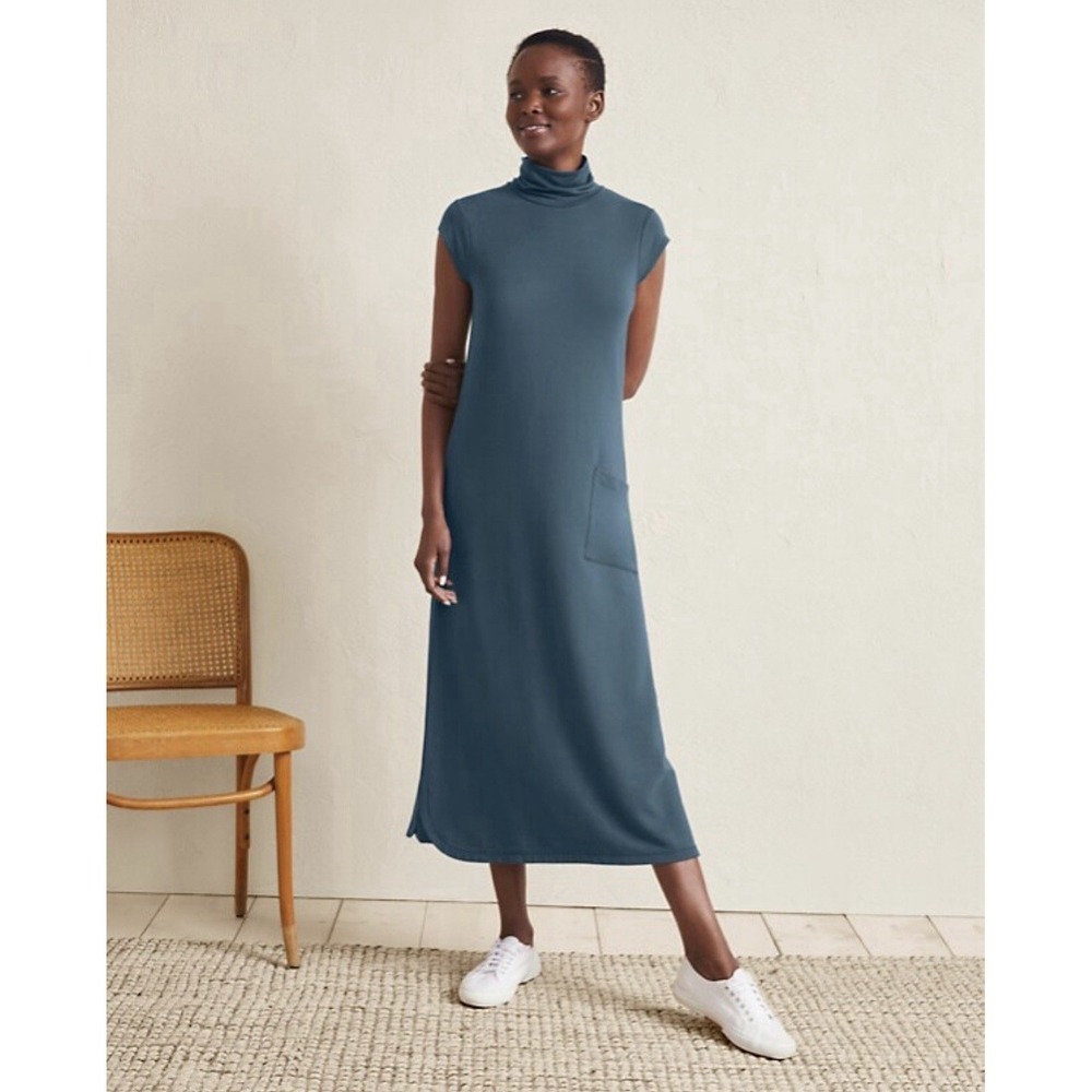 Garnet‎ Hill Swing Midi Dress Mock Neck Short Sleeve Teal Sz L NWT